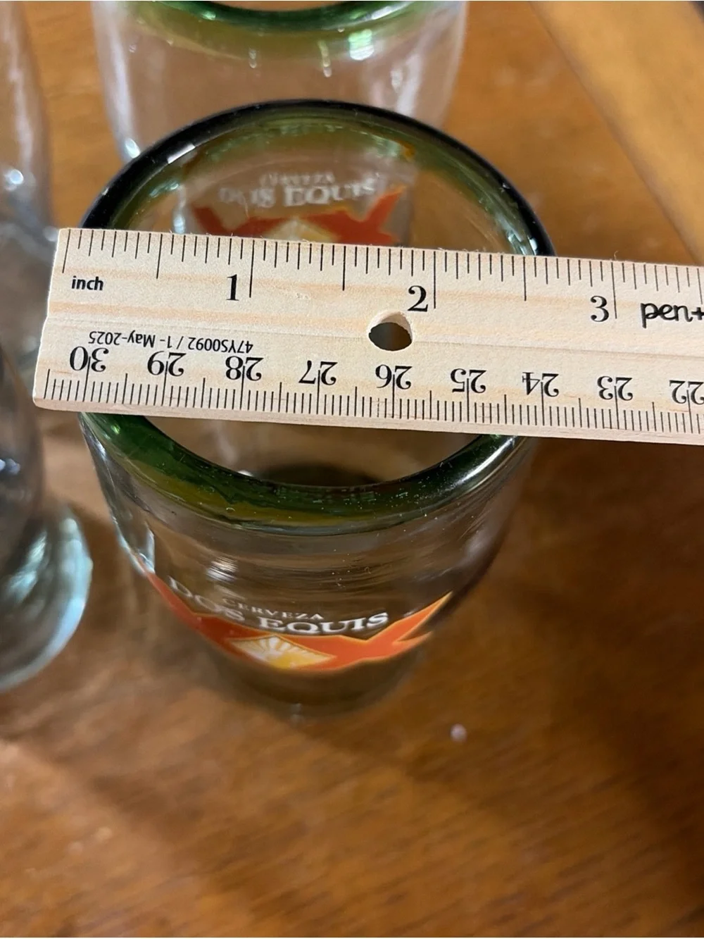 Dos Equis XX Hand Blown Beer Glasses  Heavyweight Thick Bubbles Green Rim Set 4